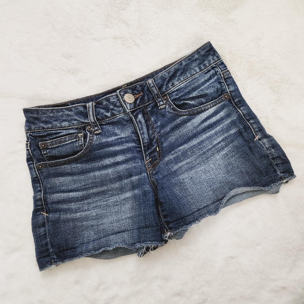 AMERICAN EAGLE AEO SHORTIE DENIM JEAN SHORTS DISTRESSED FRINGE SUPER STRETCH 6